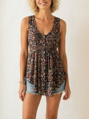 American Rag Cie Floral Pintuck Racerback Tank Top Size M